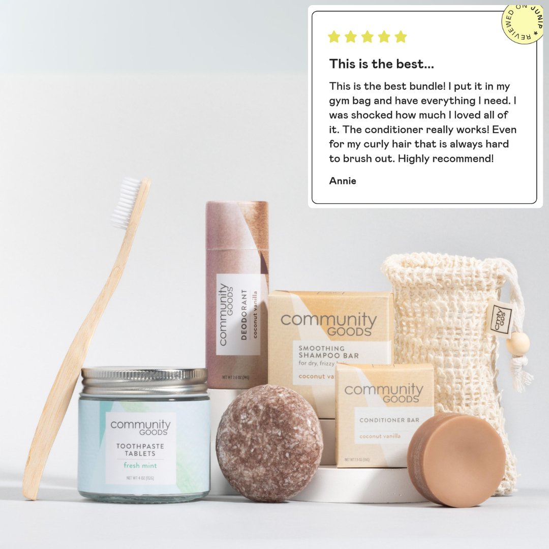 Sustainable personal care Bundle by Community Goods shown with a 5 star review saying it's the best eco-friendly personal care bundle