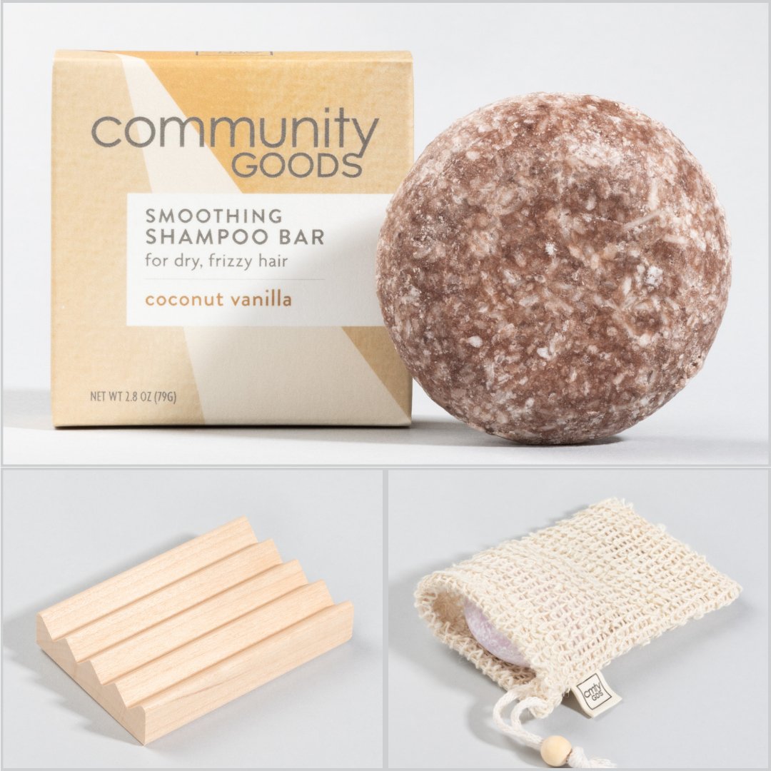 The best shampoo bar starter set includes a natural shampoo bar, solid wood soap dish and sustainable sisal bag. Shampoo bar shown is Coconut Vanilla.