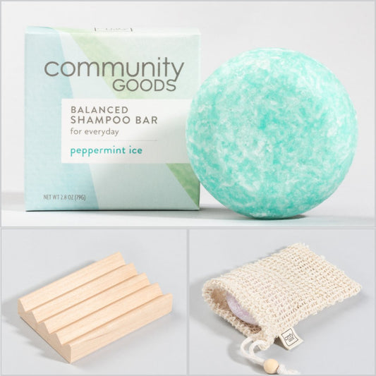 The best shampoo bar starter set includes a natural shampoo bar, solid wood soap dish and sustainable sisal bag. Shampoo bar shown is Peppermint Ice.