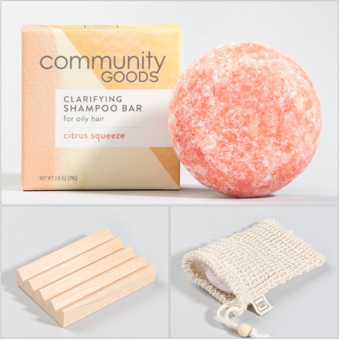 The best shampoo bar starter set includes a natural shampoo bar, solid wood soap dish and sustainable sisal bag. Shampoo bar shown is Citrus Squeeze.