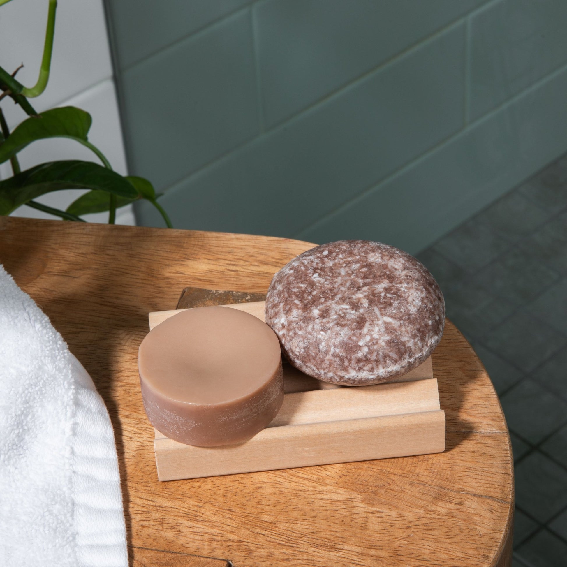 The best shampoo bar and best conditioner bar displayed in a modern bathroom with natural décor