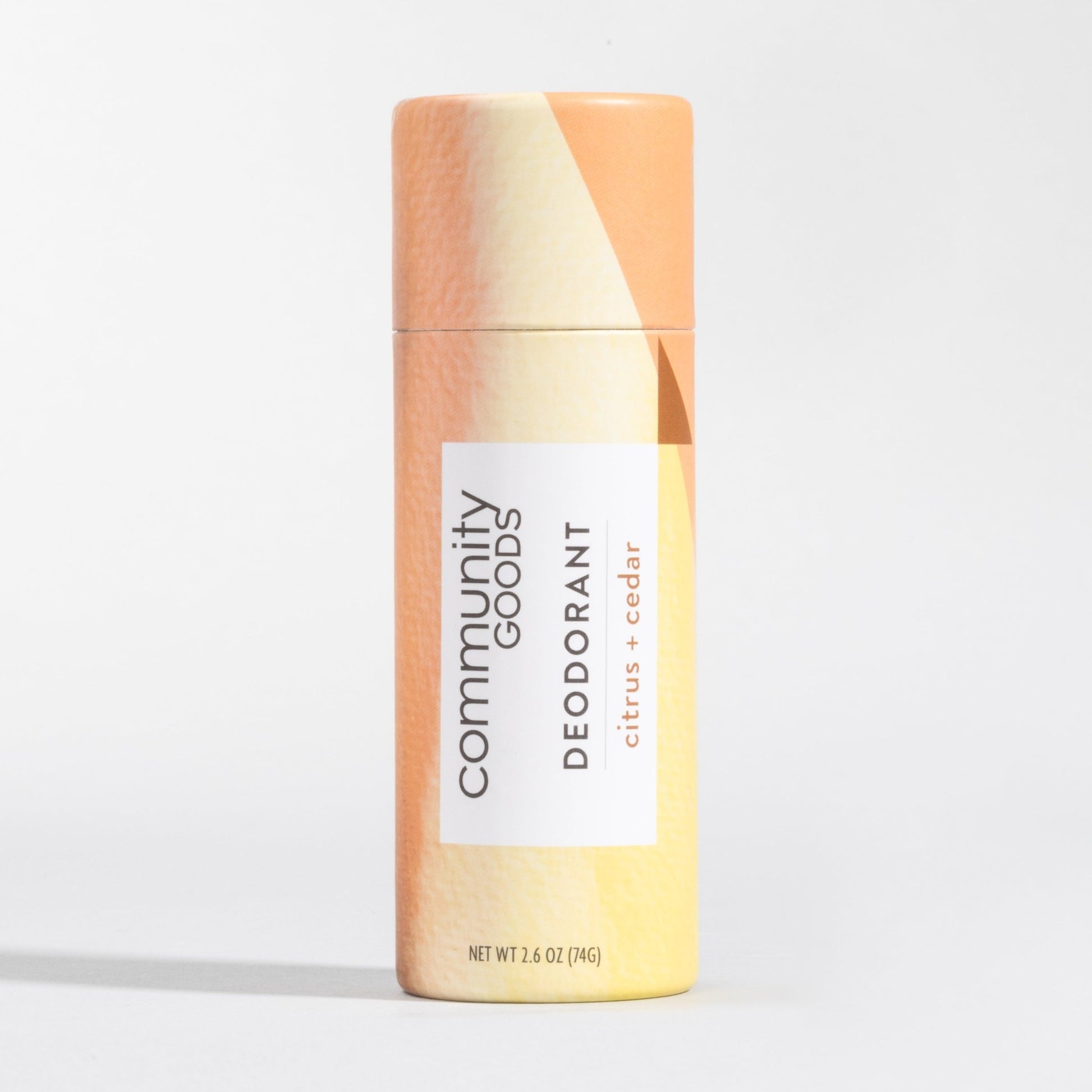 The best plastic-free and natural deodorant, by Community Goods. Shown in Citrus & Cedar.