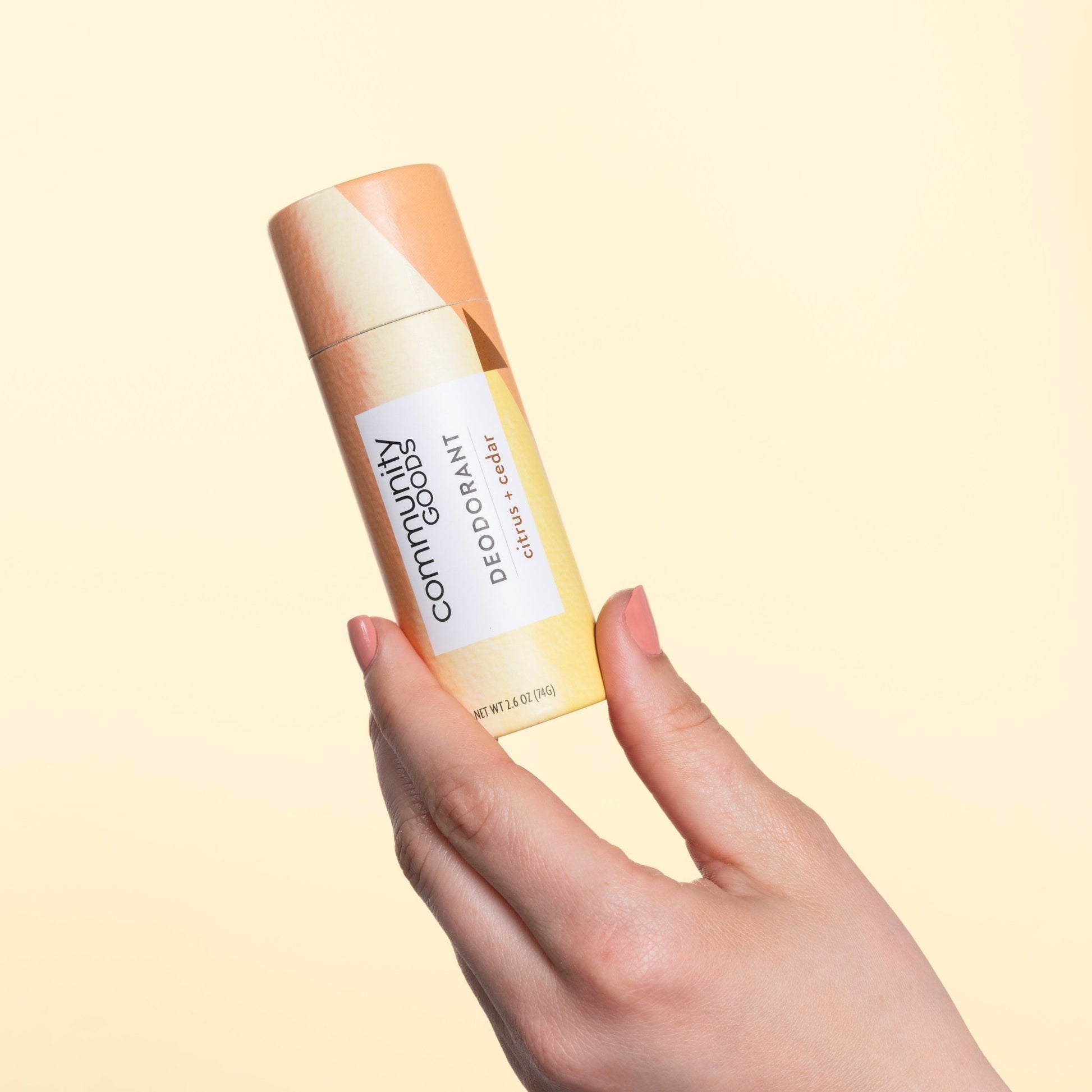 Natural and plastic-free deodorant, by Community Goods. Shown in Citrus & Cedar.