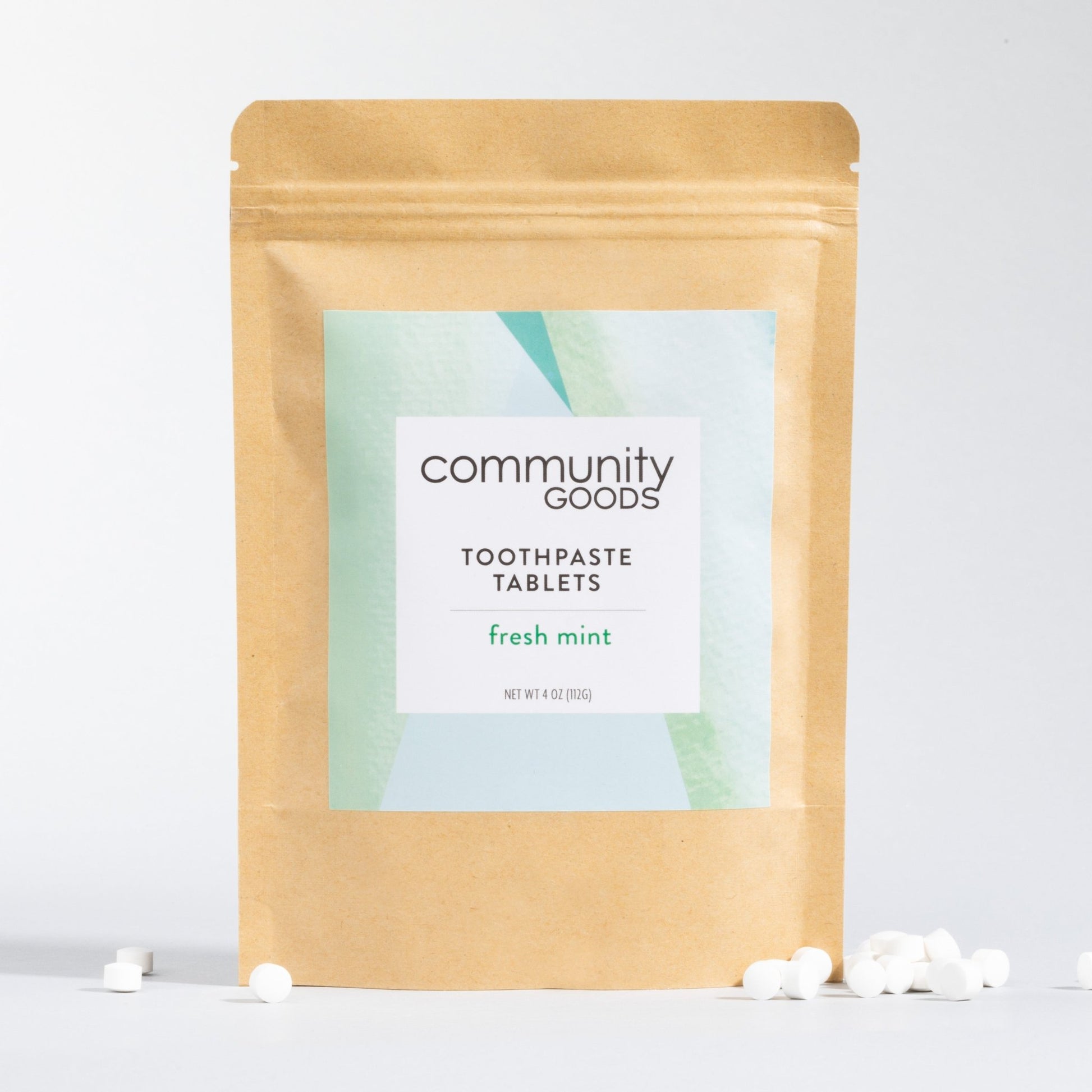 The best toothpaste tablets, by Community Goods. Fresh mint and naturally whitening. Shown in a Kraft paper pouch with 248 tablets, a 4 month supply.