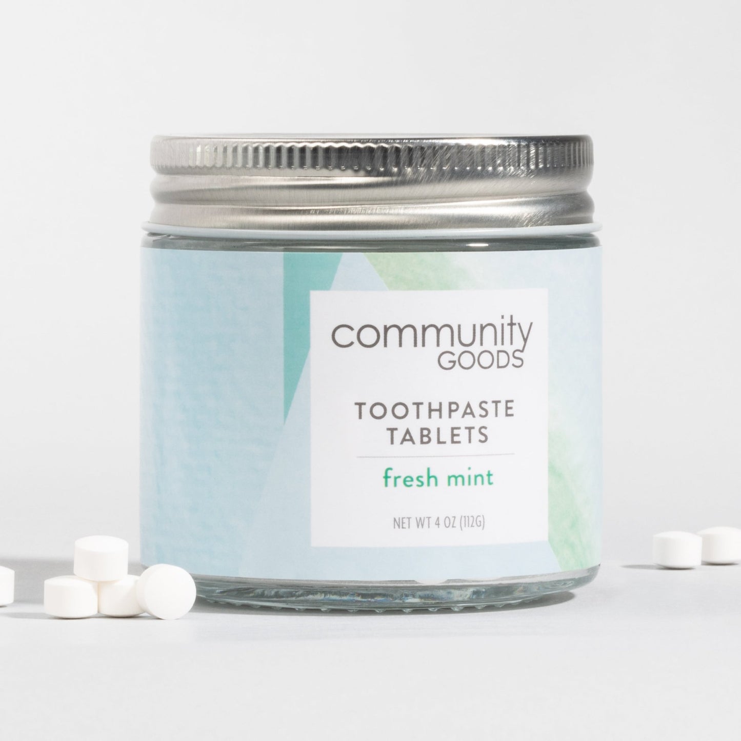 The best toothpaste tablets, by Community Goods. With nano-hydroxyapatite to strengthen teeth. Shown in a glass jar with 248 tablets, a 4 month supply.