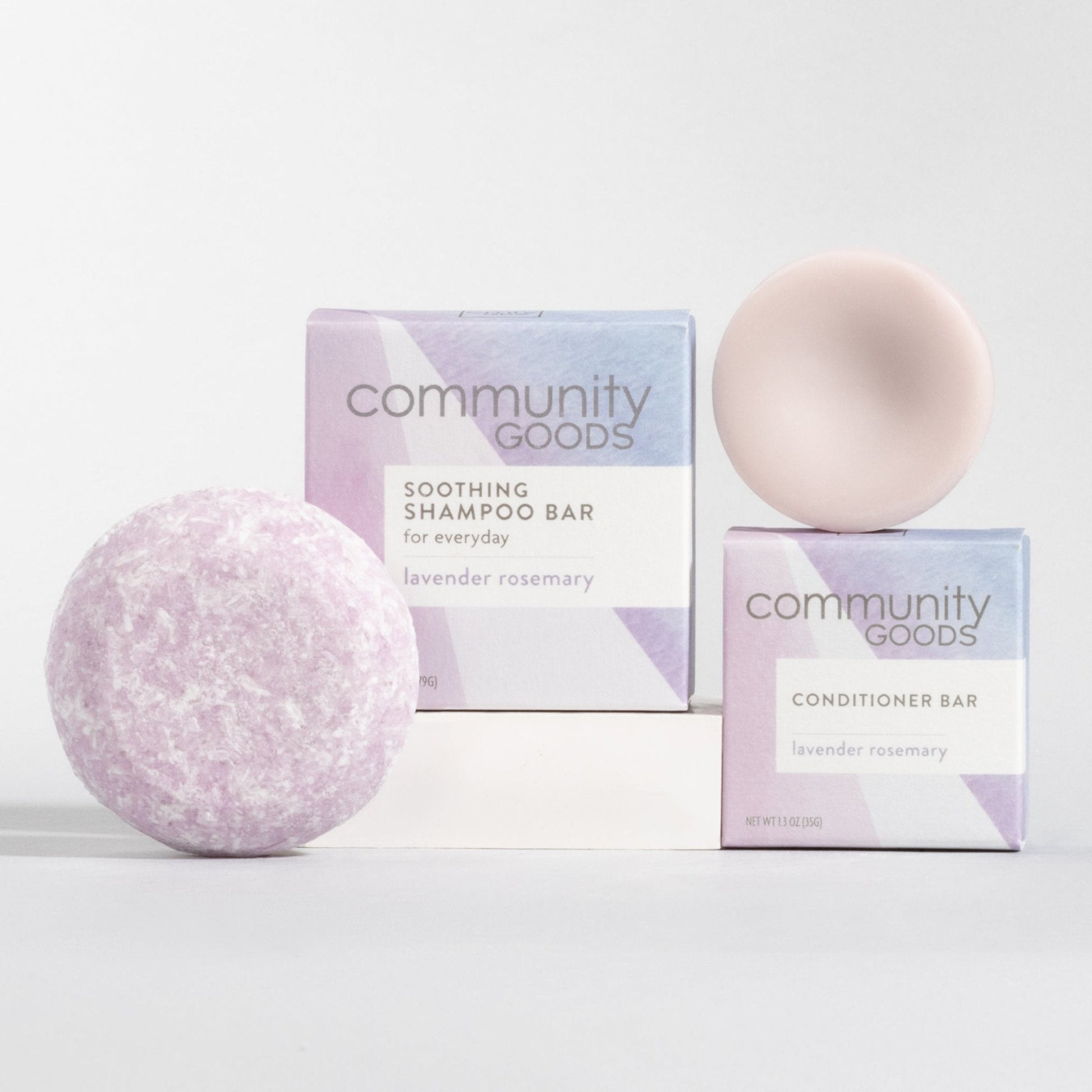 The best shampoo bar and conditioner bar set, by Community Goods, shown in Lavender Rosemary.