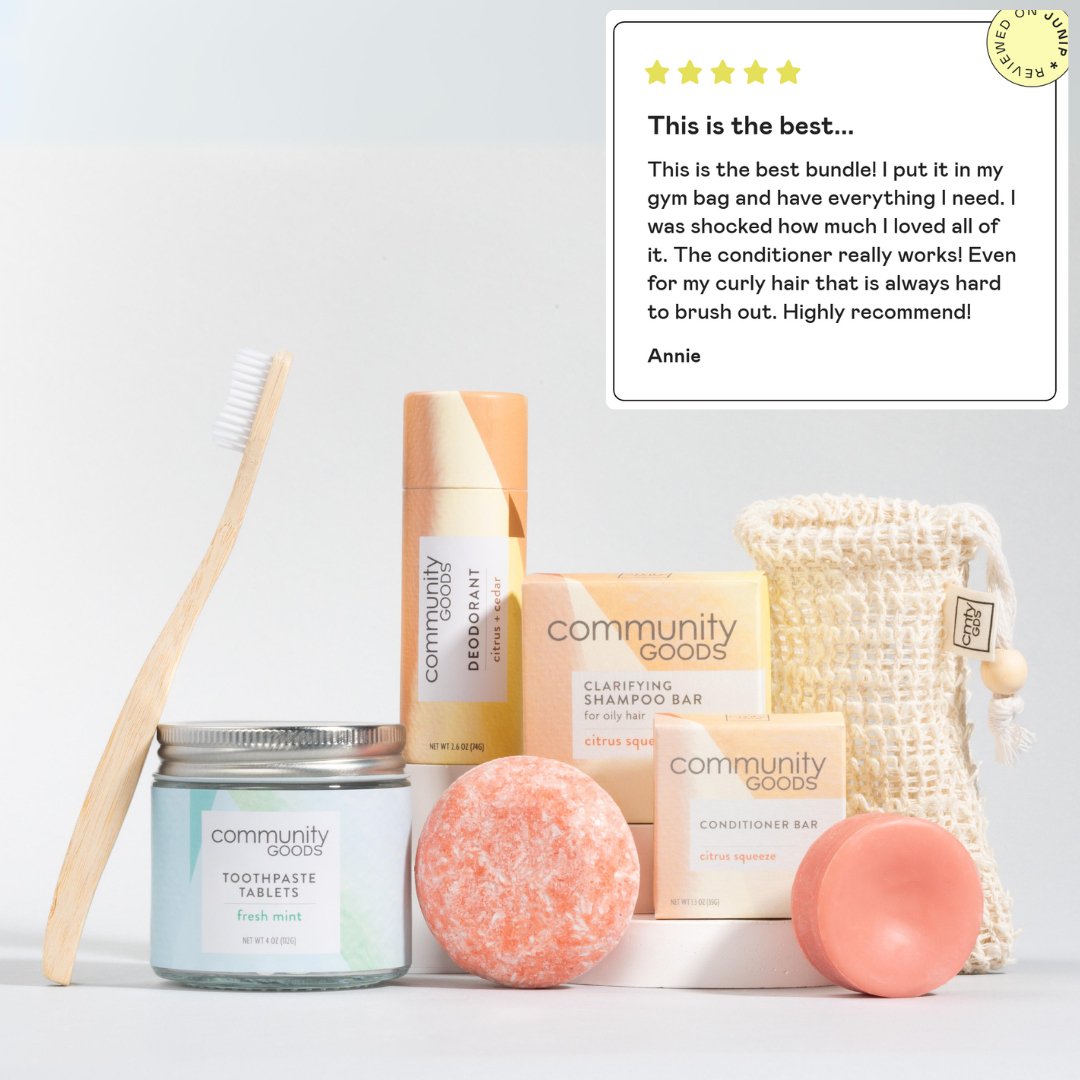 Sustainable personal care Bundle by Community Goods shown with a 5 star review saying it's the best sustainable bundle