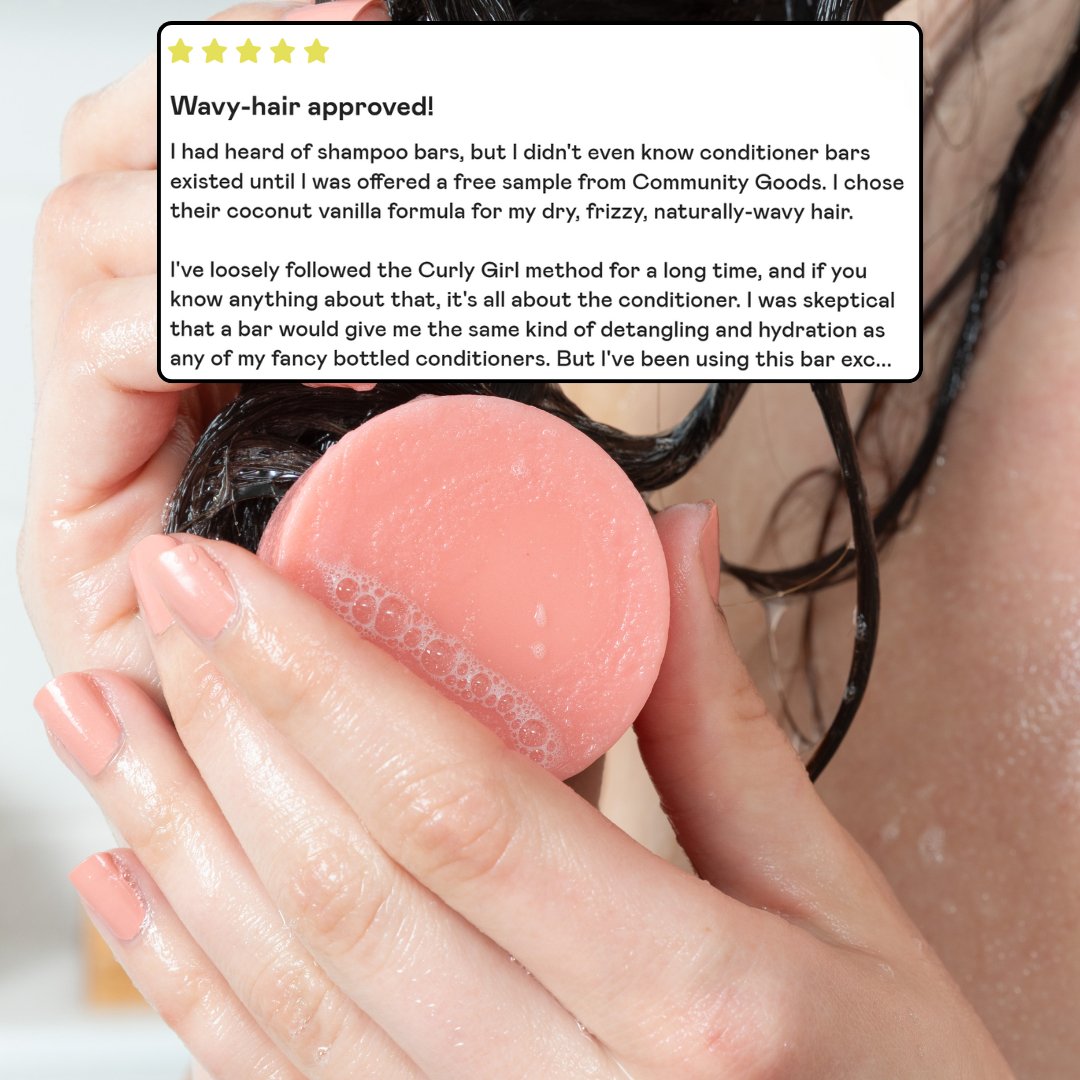 Woman using the best conditioner bar, by Community Goods, next to a 5 star review saying the conditioner bar is great for wavy and curly hair