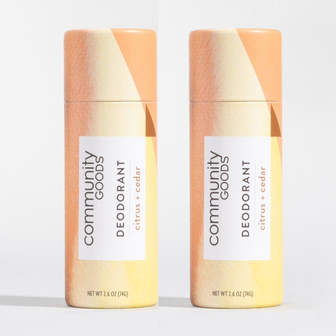 The best natural plastic-free deodorant, now in a pack of two. Shown in Citrus & Cedar. By Community Goods. 