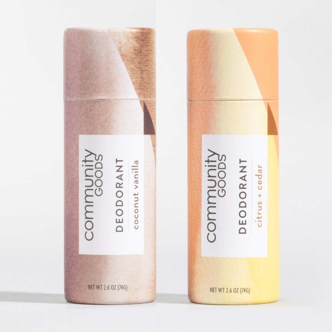 The best natural plastic-free deodorant, now in a pack of two. Shown in Coconut Vanilla and Citrus & Cedar. By Community Goods. 