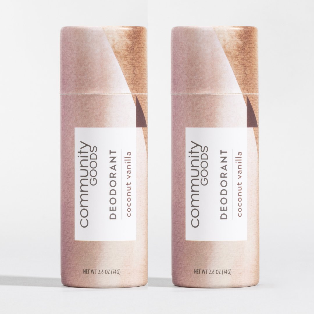 The best natural plastic-free deodorant, now in a pack of two. Shown in Coconut Vanilla. By Community Goods. 