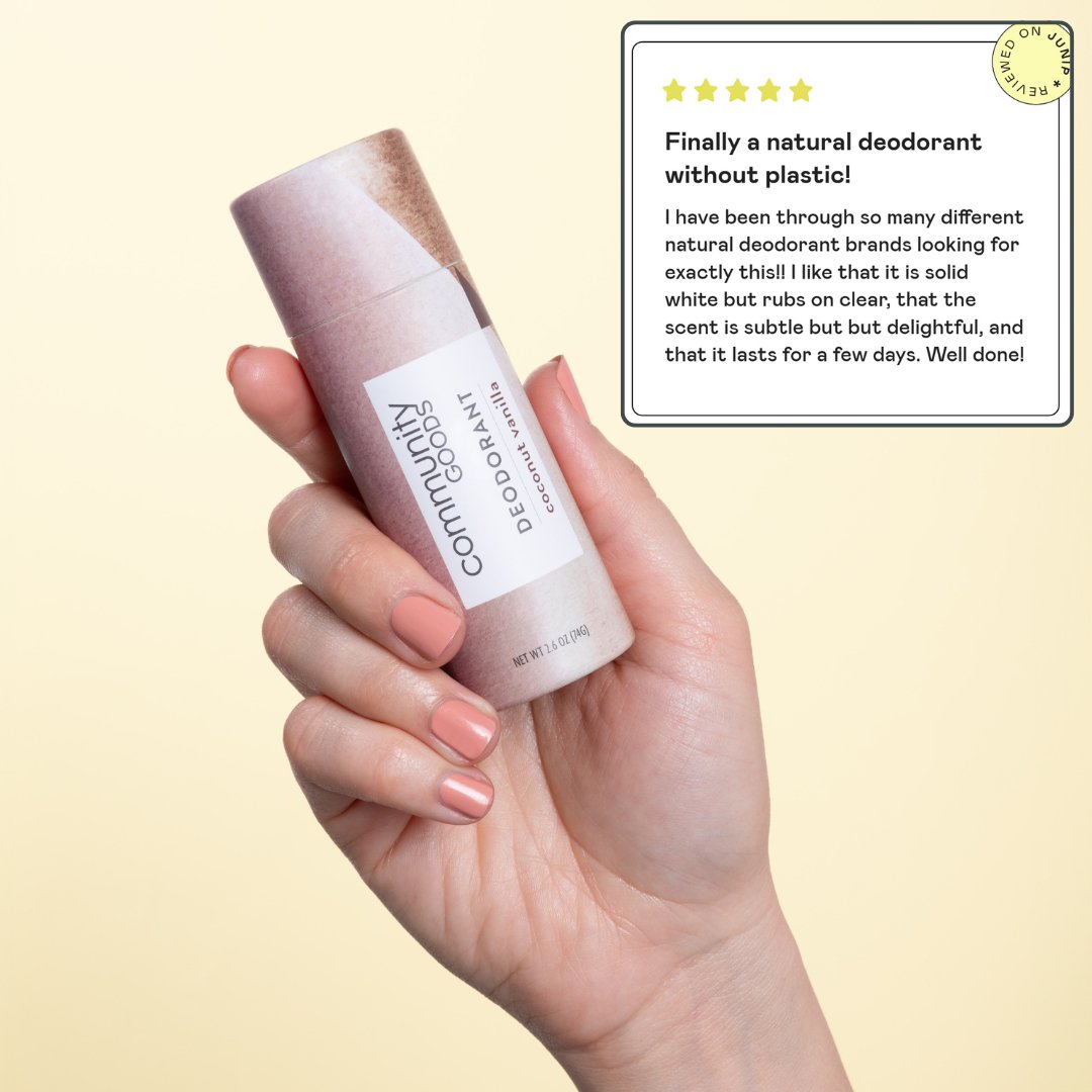 The best natural coconut vanilla deodorant, by Community Goods. Shown next to a 5 star review. 