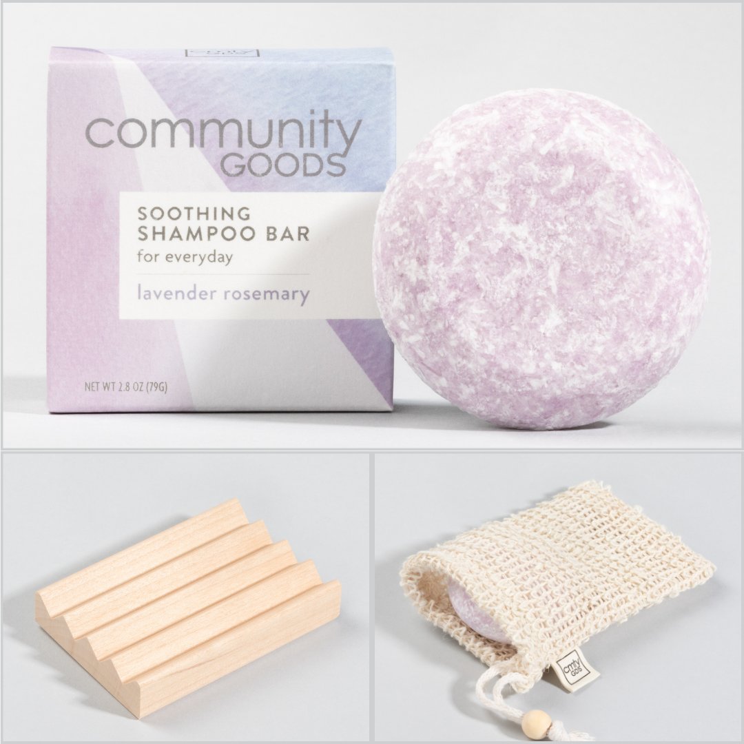 The best shampoo bar starter set includes a natural shampoo bar, solid wood soap dish and sustainable sisal bag. Shampoo bar shown is Lavender Rosemary.  