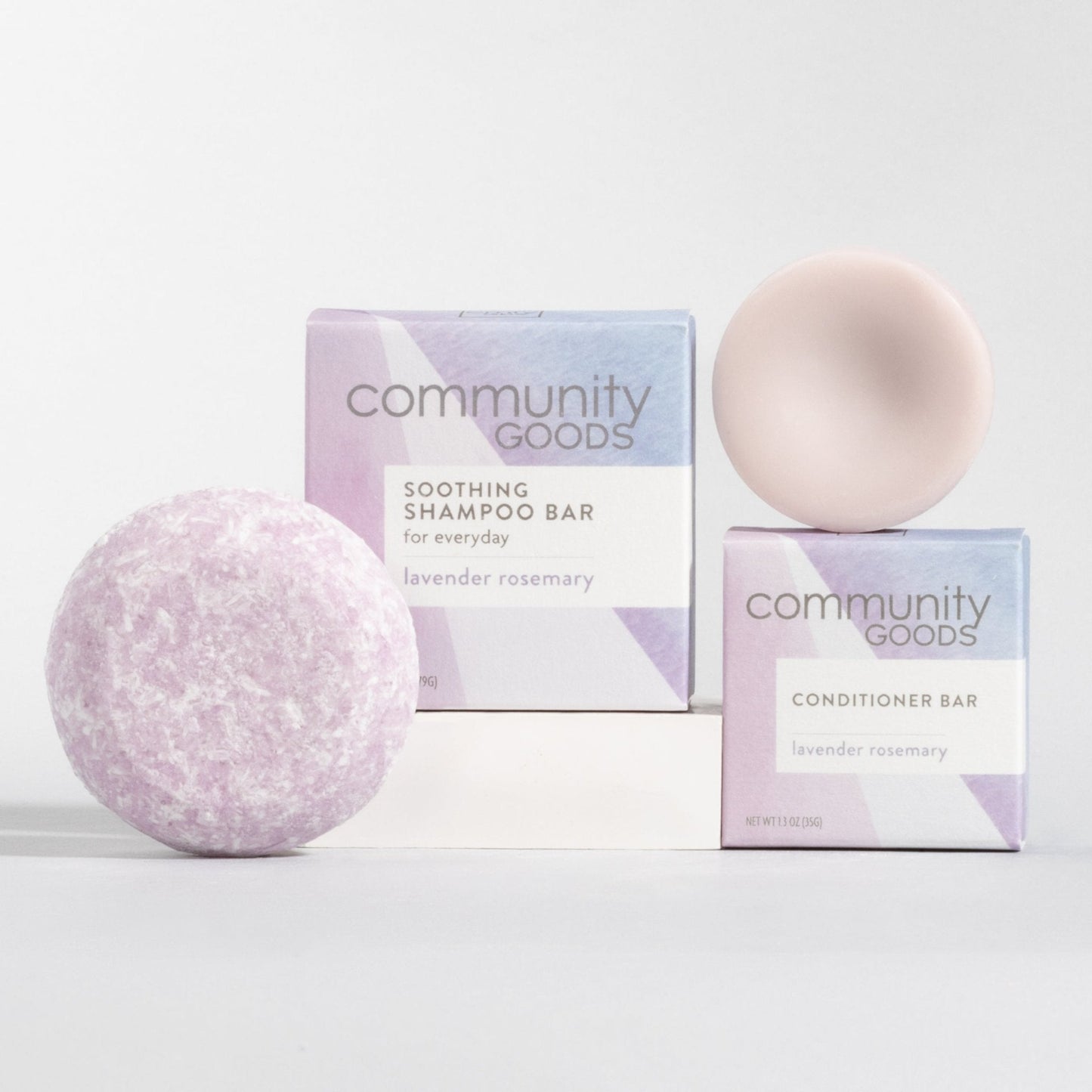 The best shampoo bar and conditioner bar set, by Community Goods, shown in Lavender Rosemary. 