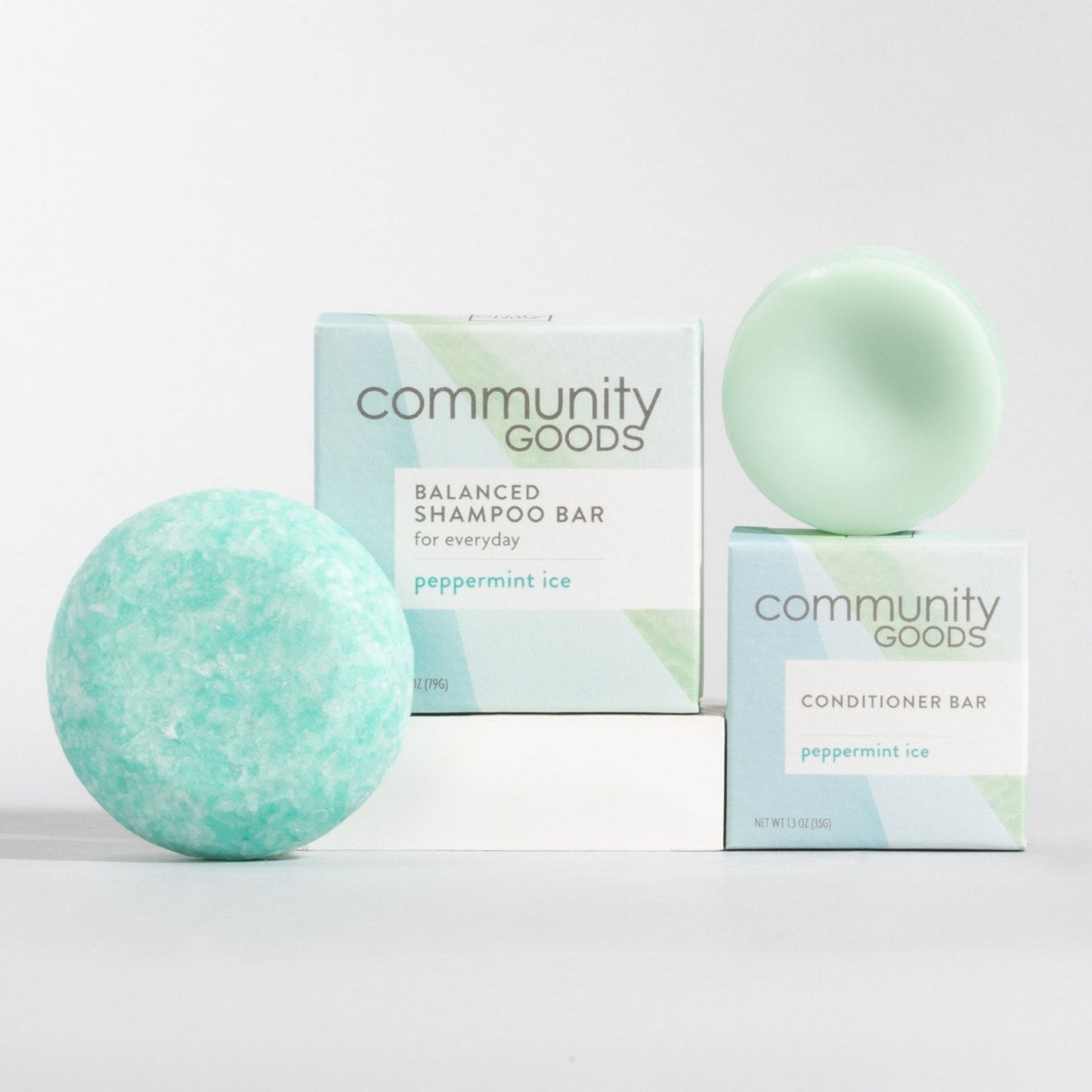 The best shampoo bar and conditioner bar set, by Community Goods, shown in Peppermint Ice