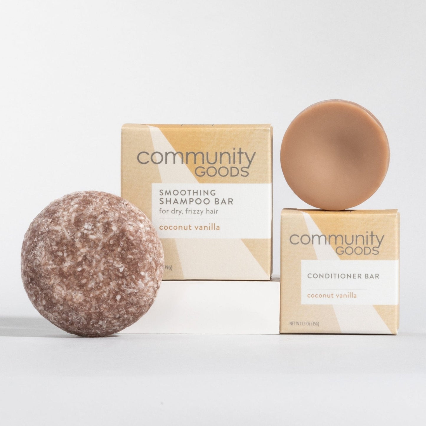 The best shampoo bar and conditioner bar set, by Community Goods, shown in Coconut Vanilla. 