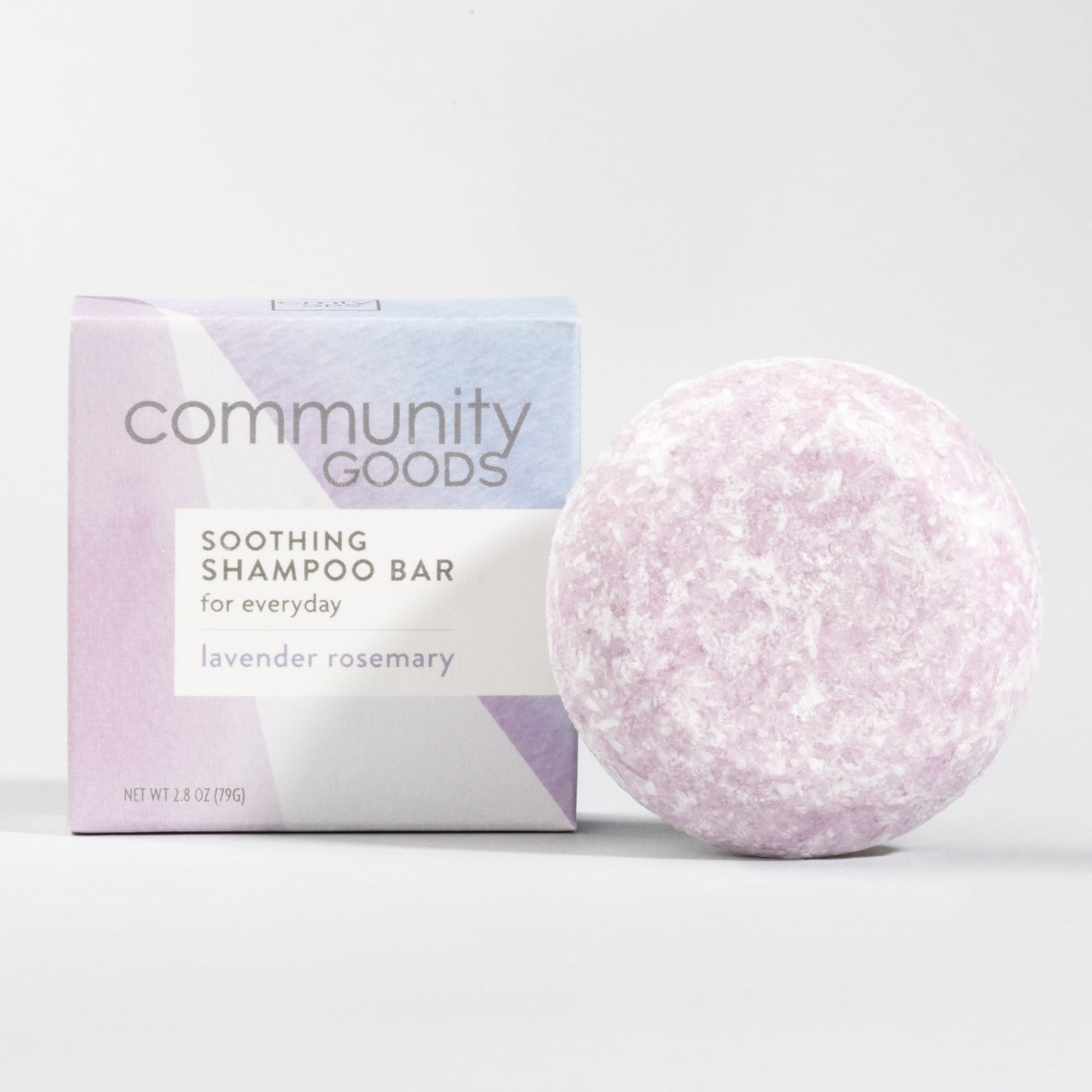 Natural shampoo bar from Community Goods. Shown in Lavender Rosemary scent. 